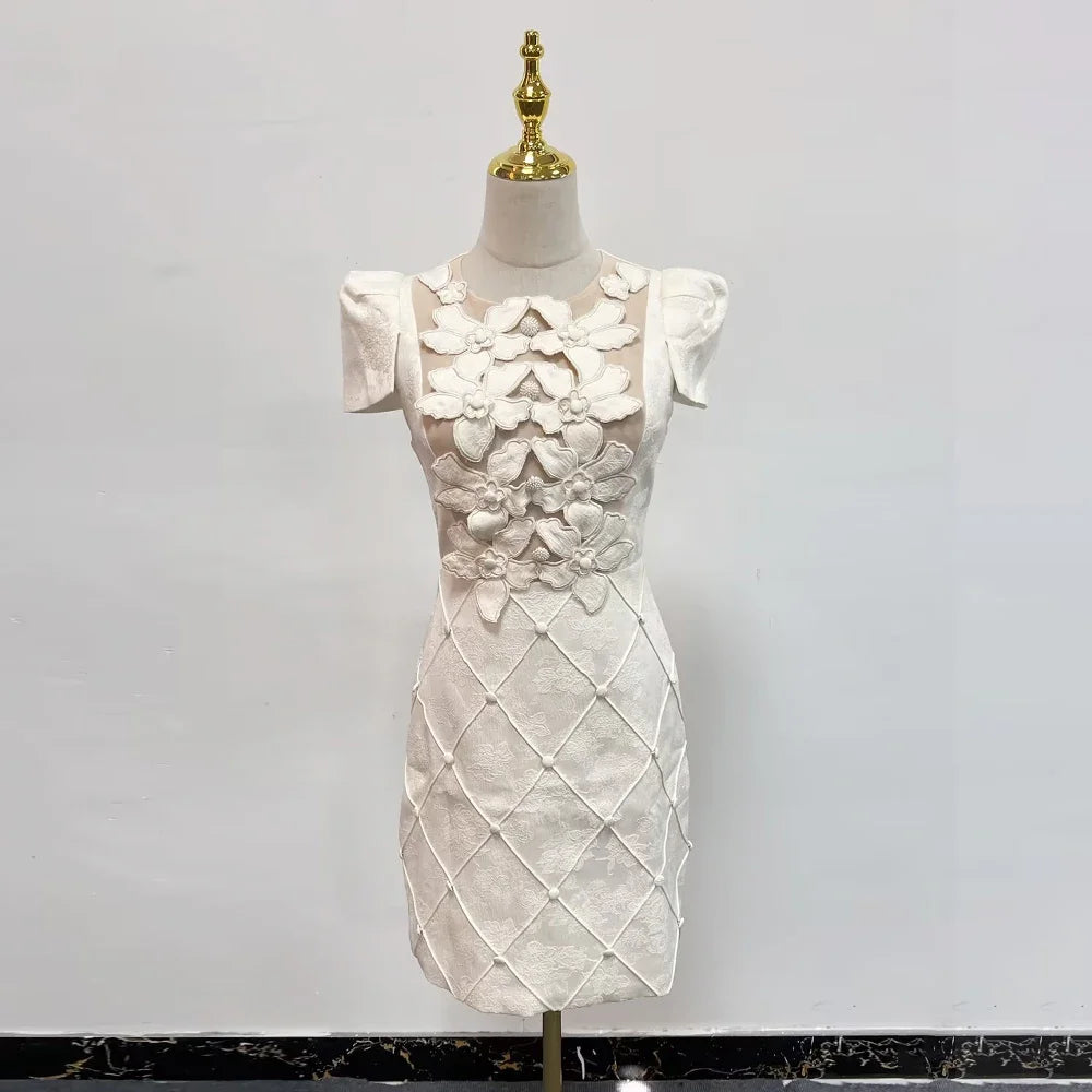 Solid Elegant Patchwork Appliques Dresses for Women Round Neck Short Sleeve High Waist Bodycon Luxury Mini Dress Female New