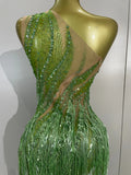 Sexy Green One Shoulder See-Through Sparkly Rhinestones Tassel Dress Women Latin Dance Outfits Bar Nightclub Party Stage Costume