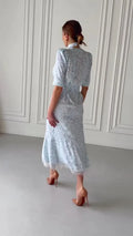 Deep V Neck Printed Ribbon Dress  Elegant Women Lace Patchwork Button Waist Cinching High Split Dress Lady Party Vestidos