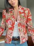 Women Floral Jacquard Contrasting Trim Blazer Lapel Collar Waist-cinching Single-breasted Jacket Autumn Lady Chic Coats 2026 New