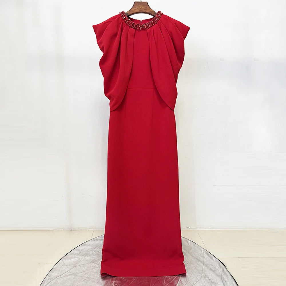 Women'S Formal Dinner Party Evening Gowns Elegant Red Diamond Shawl Sleeve Design Long Slim Fit Dress