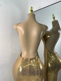 Luxury Sequins Gold Party Dress Women Sexy Halter Backless Evening Birthday Gown Hollow Out Celebrity Gala Music Festival Dress