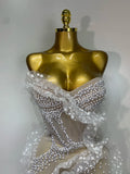 Women Sexy Strapless Pearl Ruched Bodycon Mini Dress Nightclub Birthday Evening Party Bar Singer Stage Performance Costume