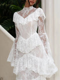 Retro Luxurious Wedding Dress for Women Stand Collar Flare Sleeve Spliced Ruffles Irregular Hem Party Long Dresses Female