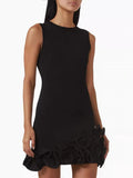 Sleeveless Crew Neck Knit Mini Dress for Women Solid Color 3D Layered Ruffle Trim Bodycon for Club Cocktail Night Out Party