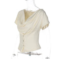 Women Summer Top Fashion Button-Front Patchwork V-Neck Pleated Fitted Top New Casual High-Street Party Female T-Shirts