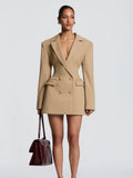 Women Shiny Khaki Blazer Mini Dress V Neck Double Breasted Long Sleeve Slim Waist Formal Cocktail Prom 2026 New Chic Hot Gowns