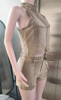 Distressed Style Denim 2 Piece Set Women Zipper Cardigan Sleeveless Crop Top+Skinny Shorts Hottie Street Hipster Suit