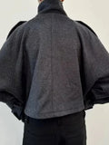Gray Minimalist Woolen Coat for Women Stand Collar Long Sleeve Pathowrk Single Breasted Loose Casual Jacket Female