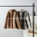 Fashion 90s Vintage Retro Brown Striped Faux Fur Coat Women Winter Chic Scraf Collar Overcoat Fox Fur Jacket