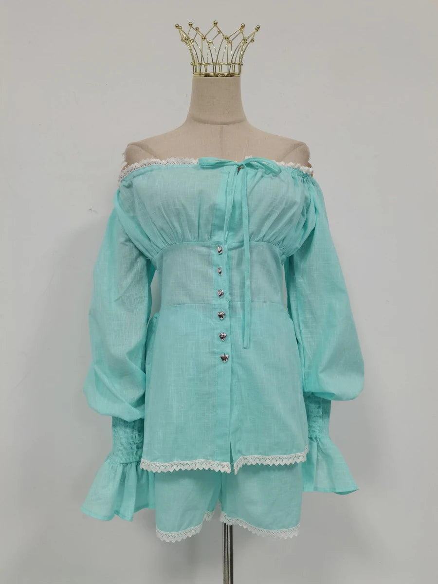 Two Piece Set for Women Square Collar Lantern Sleeve Patchwork Lace Up Slim Top High Waist Shorts Sheer Suit Female