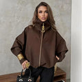 Women Stand Collar Zip Up Jacket Loose Long Sleeve Casual Warm Wool Blend Outerwear Fashion Coat Autumn