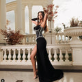 Women's Fashion Gloves Shiny Rhinestone Neck Waist Black Velvet Dress Celebrity Dinner Red Carpet Party Evening Performance Gown