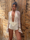 Sexy See Through 3 Piece Set Women Halter Bra+Swing Collar Flared Sleeve T-Shirts+Skinny Shorts Fashion Elegant Set