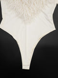 Patchwork Plush Bodysuits Women Deep V-Neck Sexy Autumn Winner Style Skinny Fashion Elasticity Midnight Streetwear