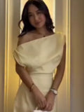 Womem One Shoulder Slim Fit Midi Dress Formal Ruched Waist Draped Detail Elegant Vestidos 2026  New Lady Holiday Street Dresses