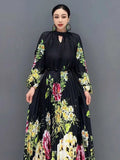 Printed Dress For Women Fashion O-neck Draped Lace Up Waist A-line Casual Vestido Robe Female Autumn