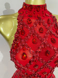 Luxury Sparkly Red Rhinestones Feather Sexy Mesh See Through Long Dress Women Birthday Evening Nightclub DJ Dancer Stage Costume