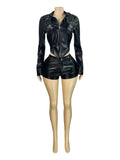 Fashion Bike PU 2-Piece Set Women Zip Stand Collar Jacket+Button Shorts Matching Gothic Punk Hottie Slim Streetwear