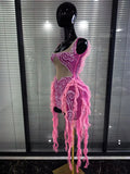 Pink Mesh Ruffles Women Sleeveless Sexy Shining Rhinestones Bodycon Mini Dress Celebrate Bar Singer Birthday Photoshoot Wear