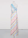 Colorful Print Dresses for Women Diagonal Collar Spliced Hollow Out Sleeveless High Waist Split Dress Female Autumn