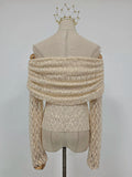Chic Off The Shoulder Apricot Jacquard Knit T Shirt for Women Slimming Long Sleeve Ruched Design for Romantic Dates