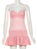 Sweet Sexy Patchwork Dress Women Bow Sleeveless Ruffled Ruffled Hem Elegant Stretch Skinny Vacation Party Clubwear