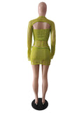 Glitter Sequins Knitted Skirt Sets Women 3 Piece Outfit Vacation Festival Clothing Sheer Top and Mini Skirt Matching Sets