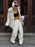 Women Floral Print Hooded Puffer Snow Suit Two Piece Outfit Thick Warm Winter Windproof Ski Jacket Wide Leg Pants Set Outdoor