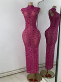 Luxury Crystal Diamonds Long Party Dress Sexy Mesh Sleeveless See Through Evening Prom Birthday Women's Clothing Singer Wear