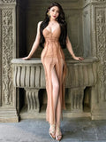 High Splits Tassels Maxi Dress Women Sexy Patchwork v-Neck Backless Sexy Zipper Elegant Banquet Skinny Party Vestidos