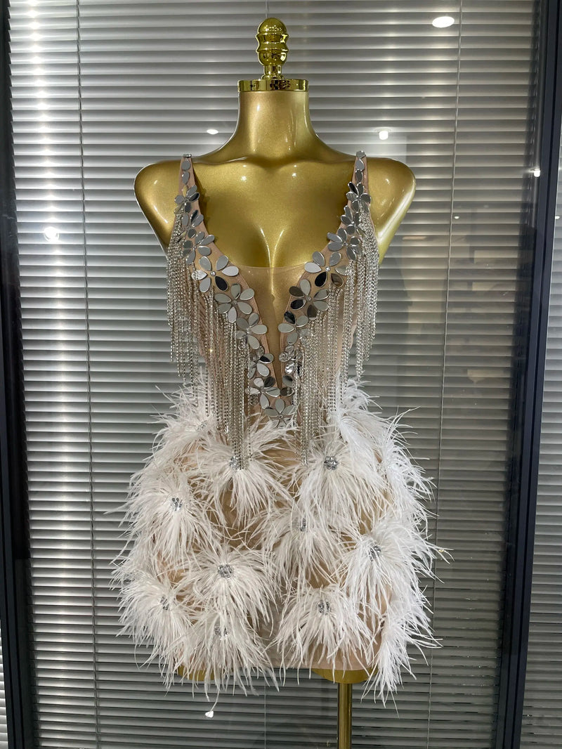 Shining Mirrors Feathers Women Sexy Sleeveless V-Neck Bodycon Mini Dress Bar Singer Cocktail Celebrate Birthday Photoshoot Wear
