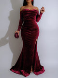 Padded Velvet High Slit Off Shoulder Evening Party Long Dress Women Long Sleeve Bodycon Vestidos Lady Ruched Clothing