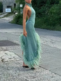 Solid Slim Backless Dresses For Women Round Neck Sleeveless High Waist Spliced Feather Irregular Dress Female New