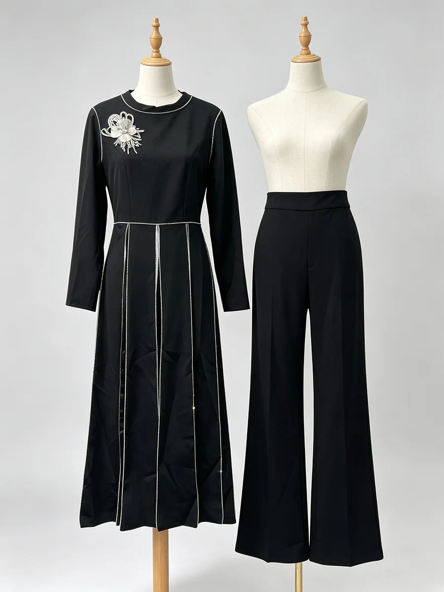 Elegant Round Neck Two Piece Sets for Women Contrast Stitching Long Sleeve Top Wide Leg Pants for Formal Daily Casual Outfit