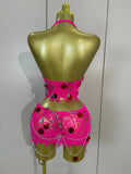 Sexy Evening Party Nightclub Performance Costume Women Birthday Mesh See-Through Pin Decoration Chain Short Dress Two-Piece Set