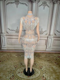 Silver Crystals Fringes Rhinestones Sexy Transparent Party Dress Natural for Birthday Prom Evening Bar Outfit Dancer Costume