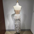 Women's Luxury Feather Rhinestone Beaded Glam Sheer High Slit Tube Top Dress Fashion Hot Birthday Party Banquet Performance Gown