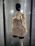 Sparkly Rhinestone Sequins Sexy Strapless Mesh See Through Mini Dress Women Eveing Party Birthday Nightclub Singer Stage Costume