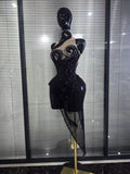 Shining Rhinestones Women Sexy Off the Shoulder Mesh See Through Bodycon Mid-calf Dress Nightclub Party Celebrate Stage Wear