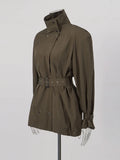 Casual Daily Wear Coffee Trench Coat for Women Stand Collar Buttons Design Belt Accent Oversized for Street Style