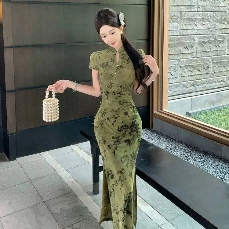 Olive Girl Green Embroidered Qipao for Garden Wedding 2026 Fairycore Photoshoot Everyday Wear S-XXL XS-3XL Plus Size Embroidered Dramatic Silhouette Romantic Editorial Not Costume Qipao Cheongsam Chinese Dress Chinese Heritage Fashion Women
