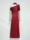 Formal Evening Party Solid Dress for Women Diagonal Collar Off Shoulder High Waist Elegant Maxi Dresses with Ribbon Female
