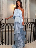Ladies Strapless Fringe Maxi Gown Tiered Asymmetrical Sleeveless Slim Robe Summer Beach Club Cocktail 2026 New Chic Hot Vestidos