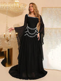 Beaded Spliced Folds Temperament Dresses For Women Square Collar Extra-Long Sleeves Patchwork Dress Female Clothing