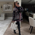 Women's Shawl Collar Fringe Knitted Cardigan Self Fabric Belt Waist Ethnic Print Loose Long Sleeve Mid Length Coat Autumn Casual