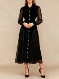 Elegant Patchwork Beading Formal Party Dresses for Women O Neck Long Sleeve Spliced Sheer Mesh Midi Dress Female Clothing