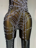 Sparkly Rhinestone Stretch Mefh Jumpsuit Women Perform Dance Costume Sleeveless Rompers Party Birthday Nightclub Stage Outfit