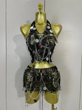 Sexy Evening Party Nightclub Performance Costume Women Birthday Mesh See-Through Pin Decoration Chain Short Dress Two-Piece Set