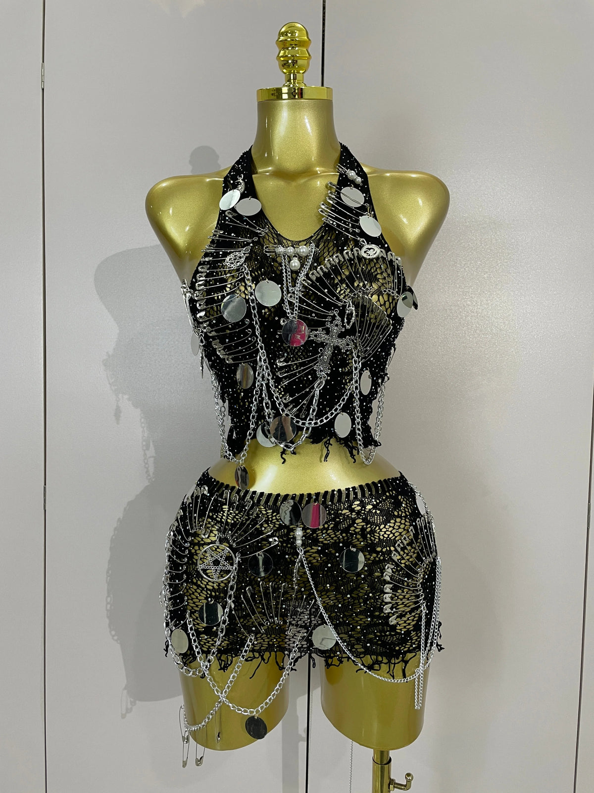 Sexy Evening Party Nightclub Performance Costume Women Birthday Mesh See-Through Pin Decoration Chain Short Dress Two-Piece Set
